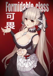  azur_lane bare_shoulders between_breasts black_dress breasts brown_eyes cleavage commentary cum cum_on_body cum_on_breasts dress female formidable_(azur_lane) frilled_dress frills grey_hair highres komi_(komiking) large_breasts long_hair looking_at_viewer maid open_mouth photoshop_(medium) platinum_blonde_hair red_background ribbon translation_request twintails two-tone_dress two-tone_ribbon very_long_hair 