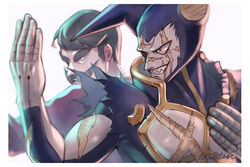  2boys black_eyes black_hair commentary facial_hair fighting_stance grin gustav_(konjiki_no_gash!!) horns konjiki_no_gash!! male_focus manly moustache multiple_boys otton scar scar_across_eye scar_on_cheek scar_on_face scar_on_mouth scar_on_nose simple_background smile smirk twitter_username vincent_bari 