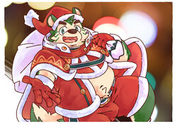  2021 anthro belly bottomwear bulge canid canine canis christmas christmas_clothing christmas_headwear clothing domestic_dog green_body hat headgear headwear hi_res holidays humanoid_hands kemono lifewonders live_a_hero male mammal mokdai navel ottyo_kope overweight overweight_male santa_hat shorts solo 