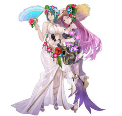  2girls absurdres ass bare_shoulders bracelet braid breasts cleavage commentary_request fingernails fire_emblem fire_emblem_heroes flower full_body gold_trim green_hair hair_ornament halterneck hand_fan hand_up hat hibiscus high_heels highres holding instrument jewelry large_breasts leg_up linea_alba lips loki_(fire_emblem) loki_(summer)_(fire_emblem) long_hair looking_at_viewer maeshima_shigeki midriff multiple_girls official_art purple_eyes purple_hair sandals sarong seductive_smile see-through simple_background single_braid smile straw_hat swimsuit thighs thorr_(fire_emblem) thorr_(summer)_(fire_emblem) ukulele white_background 