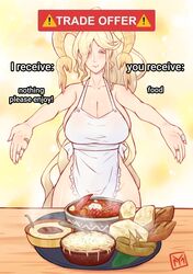  absurdres apron blonde_hair bowl breasts cleavage cowboy_shot english_text eyes_visible_through_hair female food highres horns housewife jewelry kulve_taroth large_breasts long_hair mature_female meme monster_hunter:_world monster_hunter_(series) naked_apron ring smile solo soup trade_offer_(meme) very_long_hair white_apron yamanata yellow_background yellow_eyes 