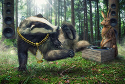  3d_(artwork) ambiguous_gender badger bling breakdancing dancing digital_media_(artwork) duo feral hare hi_res john_wilhelm lagomorph leporid male mammal mustelid musteline 