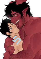  2boys absurdres arm_hair arm_tattoo bara beard black_hair chest_hair colored_skin demon dominique_(the_devil_and_s-13) ear_piercing facial_hair highres hug licking licking_another&#039;s_face licking_another&#039;s_lips looking_at_another looking_at_viewer male_focus moustache multiple_boys muscular muscular_male one_eye_closed piercing pointy_ears red_skin short_hair sideburns simple_background size_difference steen_(the_devil_and_s-13) suyohara tattoo the_devil_and_s-13 topless_male upper_body variant_set white_background yaoi yellow_eyes 