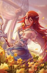  blush bow_(weapon) bride bride_(fire_emblem) closed_mouth cloud cordelia_(bridal)_(fire_emblem) cordelia_(fire_emblem) daffodil dress female field fire_emblem fire_emblem_awakening fire_emblem_heroes flower flower_field from_side hair_between_eyes hair_ornament holding holding_bow_(weapon) holding_flower holding_weapon kaijuicery long_hair looking_at_viewer looking_to_the_side outdoors petals red_eyes red_hair sky smile solo weapon wedding_dress white_dress yellow_flower 