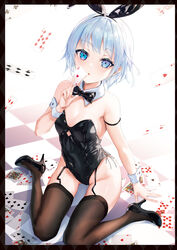  ace_(playing_card) ace_of_clubs ace_of_hearts animal_ears arm_strap armpit_crease bare_shoulders black_footwear black_hairband black_leotard blue_eyes bow bowtie breasts brown_thighhighs card clothing_cutout club_(shape) covered_navel detached_collar fake_animal_ears female five_of_diamonds five_of_spades garter_straps groin hairband heart high_heels highres holding jack_(playing_card) jack_of_diamonds king_(playing_card) king_of_spades kyaroru leotard looking_at_viewer nine_of_diamonds original parted_lips playboy_bunny playing_card queen_(playing_card) queen_of_hearts_(playing_card) rabbit_ears short_hair side-tie_leotard sitting six_of_spades small_breasts solo strapless strapless_leotard ten_of_hearts thighhighs thighs three_of_hearts two_of_diamonds two_of_spades underboob_cutout wariza white_hair wrist_cuffs 