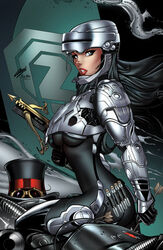  arrow_(projectile) assault_visor black_bodysuit black_gloves black_hair black_hat bodysuit breasts collaboration comic_cover cosplay crossbow english_commentary female gloves hat helmet holding holding_arrow holding_crossbow holding_weapon liesel_van_helsing long_hair looking_to_the_side medium_breasts official_art parted_lips paul_green robocop robocop_(character) robocop_(character)_(cosplay) signature smoke solo top_hat ula_mos unworn_hat unworn_headwear van_helsing_(zenescope) weapon western_comics_(style) 