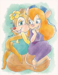  anthro blonde_hair blue_eyes chip_&#039;n_dale chip_&#039;n_dale_rescue_rangers chipmunk clarice_(disney) clothed clothing disney dress duo eyelashes female food fruit fur gadget_hackwrench ground_squirrel hair legume long_hair mammal manosmanto mouse murid murine open_mouth open_smile peanut_(food) plant red_nose rodent sciurid simple_background smile source_request tan_body tan_fur 