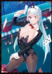  ace_(playing_card) ace_of_hearts animal_ears arm_up bekotarou black_hairband black_jacket black_leotard bow bowtie breasts brown_pantyhose buttons card cleavage closed_mouth cropped_jacket detached_collar fake_animal_ears female four_of_clubs framed_breasts hairband hand_on_own_thigh heart highres holding holding_card jacket large_breasts leotard long_hair long_sleeves looking_at_viewer nail_polish original pantyhose playboy_bunny playing_card purple_eyes rabbit_ears red_nails seven_of_spades side-tie_leotard smile solo strapless strapless_leotard two_of_diamonds very_long_hair white_hair 