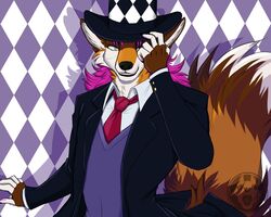  2019 alternate_species anthro bluezeru brown_body brown_fur canid canine checkered checkered_background clothed clothing digital_media_(artwork) fluffy fluffy_tail fox fur furrification green_eyes hair hat headgear headwear hi_res jojo&#039;s_bizarre_adventure looking_at_viewer male mammal meme necktie open_mouth pattern_background pink_hair simple_background solo speedwagon suit tail top_hat white_body white_fur 