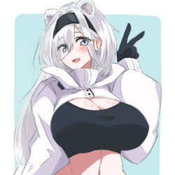  :d animal_ears arknights aurora_(arknights) aurora_(elite_ii)_(arknights) bear_ears bear_girl black_gloves black_hairband black_tube_top blue_background blue_eyes breasts cleavage cropped_jacket extra_ears eyes_visible_through_hair female gloves hair_ornament hair_over_one_eye hairband hairclip hand_up jacket large_breasts long_sleeves maiq06 navel open_mouth simple_background smile solo strapless tube_top two-tone_background upper_body v white_background white_hair white_jacket 