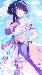  absurdres aer007580 bad_id bad_twitter_id breasts casual_one-piece_swimsuit cleavage cloud commentary day female from_below highres holding holding_water_gun honkai_(series) honkai_impact_3rd large_breasts official_alternate_costume one-piece_swimsuit purple_eyes purple_hair raiden_mei raiden_mei_(crooning_tides)_(honkai_impact) raiden_mei_(herrscher_of_origin) smile solo swimsuit water_gun 