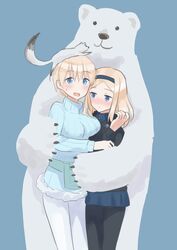  2girls aleksandra_i._pokryshkin bear black_headband black_jacket black_legwear blue_background blue_eyes blue_shirt blue_skirt blue_sweater blush brave_witches breasts ermine fur-trimmed_sweater headband highres jacket large_breasts looking_at_another looking_at_viewer medium_hair multiple_girls nikka_edvardine_katajainen olive_gun_on_a_pigeon pantyhose polar_bear shirt skirt sweatdrop sweater turtleneck turtleneck_sweater weasel white_leggings white_legwear world_witches_series 