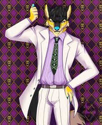  black_body black_fur black_hair blue_body blue_skin bluezeru canid canine clothed clothing dress_shirt fur hair hi_res jojo&#039;s_bizarre_adventure kosaku_kawajiri male mammal meme necktie pattern_background shirt simple_background solo suit tan_body tan_fur topwear yellow_body yellow_fur yoshikage_kira 