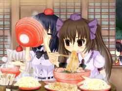  &gt;_&lt; 4girls animal_ears black_hair bow bowl brown_hair chopsticks closed_eyes commentary_request eating food hakurei_reimu hat himekaidou_hatate inubashiri_momiji kamaboko long_hair meandros multiple_girls narutomaki necktie noodles open_mouth puffy_sleeves ramen red_eyes shameimaru_aya short_hair short_sleeves sibelurabbi tokin_hat touhou twintails wide_sleeves window wolf_ears 