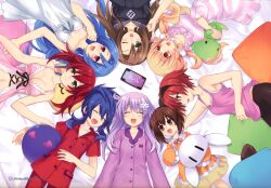  5pb_(neptunia) 6+girls :d ;o absurdres babydoll bare_shoulders blue_hair blush blush_stickers bow breasts brown_eyes brown_hair cave_(neptunia) character_name choujigen_game_neptune_mk2 circle_formation cleavage closed_eyes compa d-pad emblem emoticon falcom_(neptunia) frills from_above green_eyes gust_(neptunia) hair_ornament hairband highres if_(neptunia) large_breasts long_hair long_sleeves looking_at_another low_twintails lying medium_breasts mole multiple_girls nepgear neptune_(series) nippon_ichi_(neptunia) oerba_yun_fang official_art on_back on_side one_eye_closed open_mouth orange_eyes orange_hair pajamas pink_eyes pointing purple_hair red_hair ribbon short_hair short_sleeves sleepwear sleeveless sleeves_past_wrists smile stuffed_toy swirl tsunako twintails |_| 