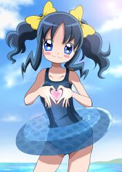  4-fingers_heart_hands :3 alternate_hairstyle blue_eyes blue_hair bow cloud commentary_request dark_blue_hair day female hairbow haru_(nature_life) heart heart_hands heart_in_heart_hands heartcatch_precure! innertube kurumi_erika one-piece_swimsuit precure school_swimsuit short_hair sky smile solo swim_ring swimsuit twintails water 