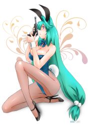  :o animal_ears aqua_hair back-seamed_legwear bare_shoulders blue_eyes bow bowtie breasts cleavage commentary_request female full_body gun handgun high_heels large_breasts legs long_hair long_legs lurie_schwarzkummel original pantyhose playboy_bunny profile rabbit_ears rabbit_tail seamed_legwear shoes simple_background solo tail thighs very_long_hair weapon white_background wrist_cuffs yagisaka_seto 