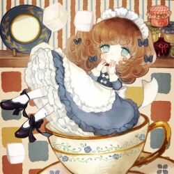  apron bad_id bad_pixiv_id black_footwear blue_dress blue_eyes blush bow brown_hair colored_eyelashes commentary_request cup curly_hair dress eyelashes female hair_ribbon hairbow hand_to_own_mouth hands_up in_container in_cup jam jar long_hair long_sleeves looking_at_viewer maid maid_headdress mini_person minigirl no_pupils original petticoat plate ribbon saucer shoes skirt socks solo sugar_cube teacup waist_apron waitress white_socks yujup 