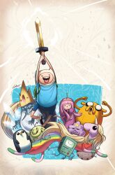  2boys adventure_time bmo commentary_request cover cover_page female finn_the_human gunter_(suikoden) ice_king jake_the_dog lady_rainicorn long_hair lumpy_space_princess multiple_boys official_art peppermint_butler pink_hair princess_bonnibel_bubblegum signature sword tree_trunks_(adventure_time) tyson_hesse weapon 