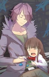  1boy bad_end blue_flower blue_rose brown_hair closed_eyes coat commentary english_commentary female flower garry_(ib) hair_over_one_eye height_difference ib_(ib) ib_(kouri) long_hair magister petals purple_hair rose short_hair spoilers tears withered 