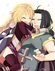  1boy ^_^ ahoge bad_id bad_pixiv_id black_hair blonde_hair blue_eyes braid closed_eyes commentary_request dress fate/apocrypha fate/zero fate_(series) female gilles_de_rais_(caster)_(fate) hug jeanne_d&#039;arc_(fate) jeanne_d&#039;arc_(ruler)_(fate) photoshop_(medium) ponytail purple_legwear robe senmen_kinuko signature single_braid thighhighs wince 