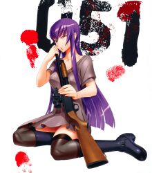  ;o absurdres bad_id bad_yandere_id black_socks black_thighhighs blood blood_splatter blue_eyes boots breasts busujima_saeko female fingerprint gun highres highschool_of_the_dead ithaca_m37 kneehighs long_hair medium_breasts official_art one_eye_closed over-kneehighs pump_action purple_hair satou_shouji shotgun socks solo thighhighs weapon 