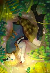  absurdres behind-the-head_headphones blonde_hair blue_eyes boots brown_shorts digital_media_player female hair_ornament headband headphones highres holding_digital_media_player ipod ipod_nano kagamine_rin llc short_hair shorts socks solo striped_clothes striped_socks vocaloid 