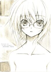  blush commentary_request completely_nude female glasses highres kyougoku_touya monochrome nagato_yuki nude over-rim_eyewear semi-rimless_eyewear short_hair solo suzumiya_haruhi_no_shoushitsu suzumiya_haruhi_no_yuuutsu 