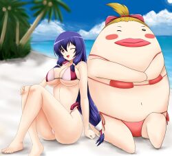  2girls ;d asama_tomo beach bikini blonde_hair egg_body fuuma_nagi hair_ribbon hair_tube hair_tubes highres kyoukai_senjou_no_horizon kyoukaisenjou_no_horizon long_hair midriff multiple_girls ocean one_eye_closed open_mouth purple_hair red_eyes ribbon smile swimsuit william_cecil wink 