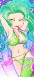  bedroom_eyes bikini boa_sandersonia bottomwear breasts clothing digital_media_(artwork) eyelashes female forked_tongue green_eyes green_hair hair half-closed_eyes humanoid legwear loincloth long_hair looking_at_viewer midriff monster_girl_(genre) narrowed_eyes navel not_furry one_piece open_mouth pose reptile scalie seductive shihen smile snake solo stockings swimwear teasing thong tongue tongue_out underwear 