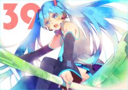  39 aqua_eyes aqua_hair bad_id bad_pixiv_id bare_shoulders detached_sleeves female hatsune_miku headset long_hair open_mouth skirt solo spring_onion thighhighs twintails very_long_hair vocaloid wm_(pmnwm) 