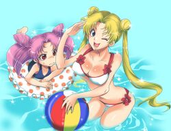  2girls ball beachball bikini bishoujo_senshi_sailor_moon blonde_hair blue_eyes chibi_usa commentary_request cone_hair_bun double_bun hair_bun innertube long_hair looking_at_viewer multiple_girls one_eye_closed photoshop_(medium) pink_hair red_eyes school_swimsuit sweatdrop swim_ring swimsuit tsukino_usagi twintails yu-ri_(kurione-sha) 