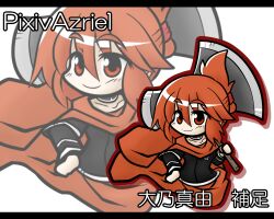  axe cape choker commentary_request eyebrows female hair_up oono_mayu pixiv_azriel red_eyes red_hair smile solo translated weapon yanagi_(nurikoboshi) zoom_layer 