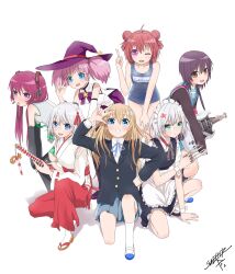  6+girls :d :o ;d ahoge akaza_akari anger_vein aqua_eyes bad_id bad_pixiv_id black_hair black_socks blazer blonde_hair blue_eyes blue_sailor_collar bow brown_cardigan brown_eyes buttons cardigan claws collarbone cosplay detached_sleeves double_bun fujita_saki funami_yui glasses grey_hair grin guitar hair_bobbles hair_bun hair_ornament hand_on_own_hip hat hatsune_miku hatsune_miku_(cosplay) highres ikeda_chitose ikeda_chizuru index_finger_raised instrument izayoi_sakuya izayoi_sakuya_(cosplay) jacket japanese_clothes k-on! katana kita_high_school_uniform long_hair maid maid_headdress miko mirakurun mirakurun_(cosplay) multiple_girls nagato_yuki nagato_yuki_(cosplay) on_one_knee one-piece_swimsuit one_eye_closed open_mouth pink_hair purple_eyes purple_hair round_teeth sailor_collar sakuragaoka_high_school_uniform sandals school_swimsuit school_uniform serafuku shoes short_hair simple_background single_hair_bun smile socks squatting sugiura_ayano suzumiya_haruhi_no_yuuutsu sweeter_(h110111) swimsuit sword teeth thighhighs toshinou_kyouko touhou twintails uwabaki v vocaloid voice_actor_connection w weapon white_background white_socks white_thighhighs winter_uniform witch_hat wrist_cuffs yoshikawa_chinatsu yuru_yuri zouri 