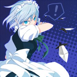  ! aqua_eyes bad_id bad_pixiv_id female grey_hair izayoi_sakuya knife lowres maid maid_headdress puffy_sleeves shionty short_hair short_sleeves solo throwing touhou weapon 