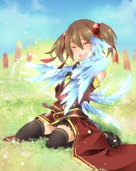  animal black_thighhighs brown_hair closed_eyes commentary_request dagger errant feathered_dragon feathers female fingerless_gloves from_behind gloves highres hug knife mini_dragon multiple_tails pina_(sao) sheath sheathed short_twintails silica sitting sword_art_online tail tears thighhighs thighs toutenkou twintails two_tails wariza weapon weapon_on_back zettai_ryouiki 