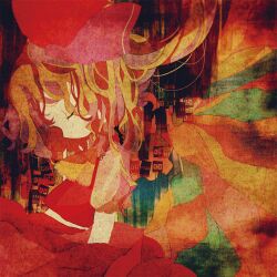  ascot bad_id bad_pixiv_id blonde_hair closed_eyes colorful faux_traditional_media female flandre_scarlet from_side hat hat_ribbon ribbon short_sleeves skirt skirt_set solo tadano_shiroko touhou 