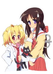  2girls amahara_fuyuki black_hair blonde_hair commentary_request company_connection cosplay crossover feline kyoto_animation lab_coat long_hair lucky_star multiple_girls necktie nichijou professor_shinonome professor_shinonome_(cosplay) purple_eyes red_eyes sakamoto_(nichijou) sakuraba_hikaru school_uniform serafuku shinonome_nano shinonome_nano_(cosplay) sweatdrop tokisadame_school_uniform twintails tyke winding_key 