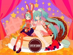  2girls :q animal_hood aqua_hair bad_id bad_pixiv_id bandaid closed_eyes commentary_request copyright_name curtains doughnut food hatsune_miku hood lol_-lots_of_laugh-_(vocaloid) long_hair miri_(cherryjelly) multiple_girls pancake pantyhose rabbit rabbit_hood scrunchie sitting skirt socks star_(symbol) striped_clothes striped_pantyhose thighhighs tongue tongue_out twintails vertical-striped_clothes vertical-striped_pantyhose very_long_hair vocaloid 