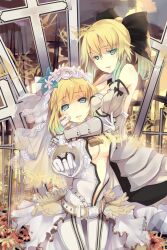  2girls ahoge armor armored_dress artoria_pendragon_(fate) bare_shoulders belt blonde_hair bodysuit bow center_opening commentary_request detached_sleeves fate/extra fate/extra_ccc fate/stay_night fate/unlimited_codes fate_(series) green_eyes hairbow lock long_hair multiple_girls nero_claudius_(bride)_(fate) nero_claudius_(fate) padlock ponytail rain_lan saber_lily veil white_bodysuit 