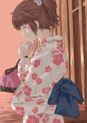  amagami bag blush brown_hair closed_eyes commentary_request female from_side keisuke_(0320030103200301) kinchaku obi own_hands_clasped own_hands_together ponytail pouch profile sakurai_rihoko sash short_ponytail solo 