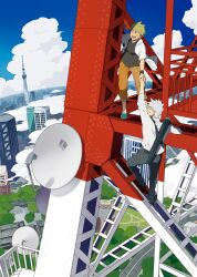  2boys alternate_costume blonde_hair blue_sky building casual cityscape climbing cloud commentary_request day hatake_kakashi highres i_(kaiyou) male_focus multiple_boys naruto naruto_(series) naruto_shippuuden satellite_dish sky spiked_hair tower transmission_tower tree uzumaki_naruto white_hair 