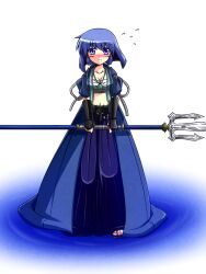  blue_eyes blue_hair blue_hakama blush breasts cleavage commentary_request female hakama hakama_skirt japanese_clothes jewelry medium_breasts navel necklace open_clothes open_shirt pixiv_azriel polearm sandals sarashi shirt short_hair skirt smile solo sora_no_amagumo trident weapon yumeshima_kanata 