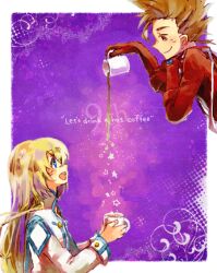  1boy blonde_hair blue_eyes brown_eyes brown_hair coffee colette_brunel commentary_request cup english_text engrish_text female lloyd_irving long_hair mug nakariku photoshop_(medium) pouring ranguage red_shirt shirt smile star_(symbol) tales_of_(series) tales_of_symphonia 