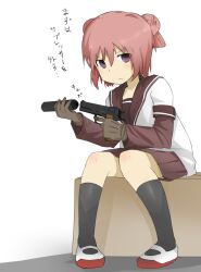  akaza_akari black_socks commentary_request double_bun female gloves gun hair_bun handgun kneehighs nanamori_school_uniform purple_eyes red_hair school_uniform serafuku shoes short_hair socks solo suppressor trigger_discipline uwabaki weapon xenon_(kona-card) yuru_yuri 