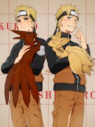  2boys animalization blonde_hair blue_eyes commentary_request dark_persona dual_persona forehead_protector headband i_(kaiyou) kitsune konohagakure_symbol kyuubi male_focus multiple_boys multiple_tails naruto naruto_(series) naruto_shippuuden spiked_hair standing tail uzumaki_naruto 