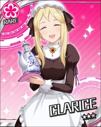  apron artist_request blonde_hair card_(medium) character_name clarice_(idolmaster) female flower flower_(symbol) hair_bun idolmaster idolmaster_cinderella_girls maid official_art open_mouth single_hair_bun smile solo 