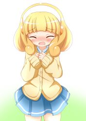  blonde_hair blush cardigan closed_eyes commentary_request crying female hairband highres nanairogaoka_middle_school_uniform open_mouth precure school_uniform short_hair skirt smile_precure solo white_hairband xenon_(for_achieve) yayoi_kise 