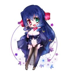  asama_tomo black_legwear blue_hair bodysuit chibi female female fingerless_gloves gloves green_eyes heterochromia kyoukai_senjou_no_horizon kyoukaisenjou_no_horizon red_eyes smile solo 