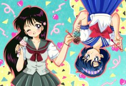  2girls bishoujo_senshi_sailor_moon black_hair blue_eyes blue_sailor_collar commentary_request food hairband highres hino_rei ice_cream itou_ikuko_(style) juuban_middle_school_uniform mikiky mizuno_ami multiple_girls official_style one_eye_closed purple_eyes sailor_collar school_uniform serafuku spoon ta_girls_school_uniform upside-down 